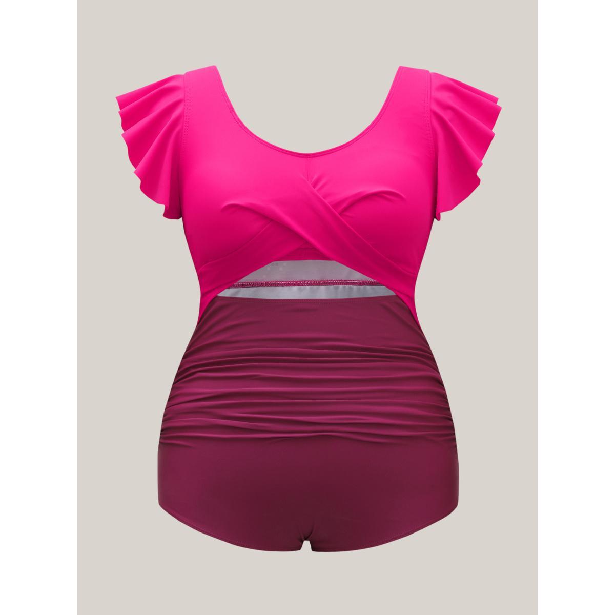 Plus Size Twist Shrink Pleats One-Piece Swimsuit Women's Swimwear Rosered Beach Gathered Curve Bathing Suits High stretch One Pieces BloomChic 28/5X Product Image