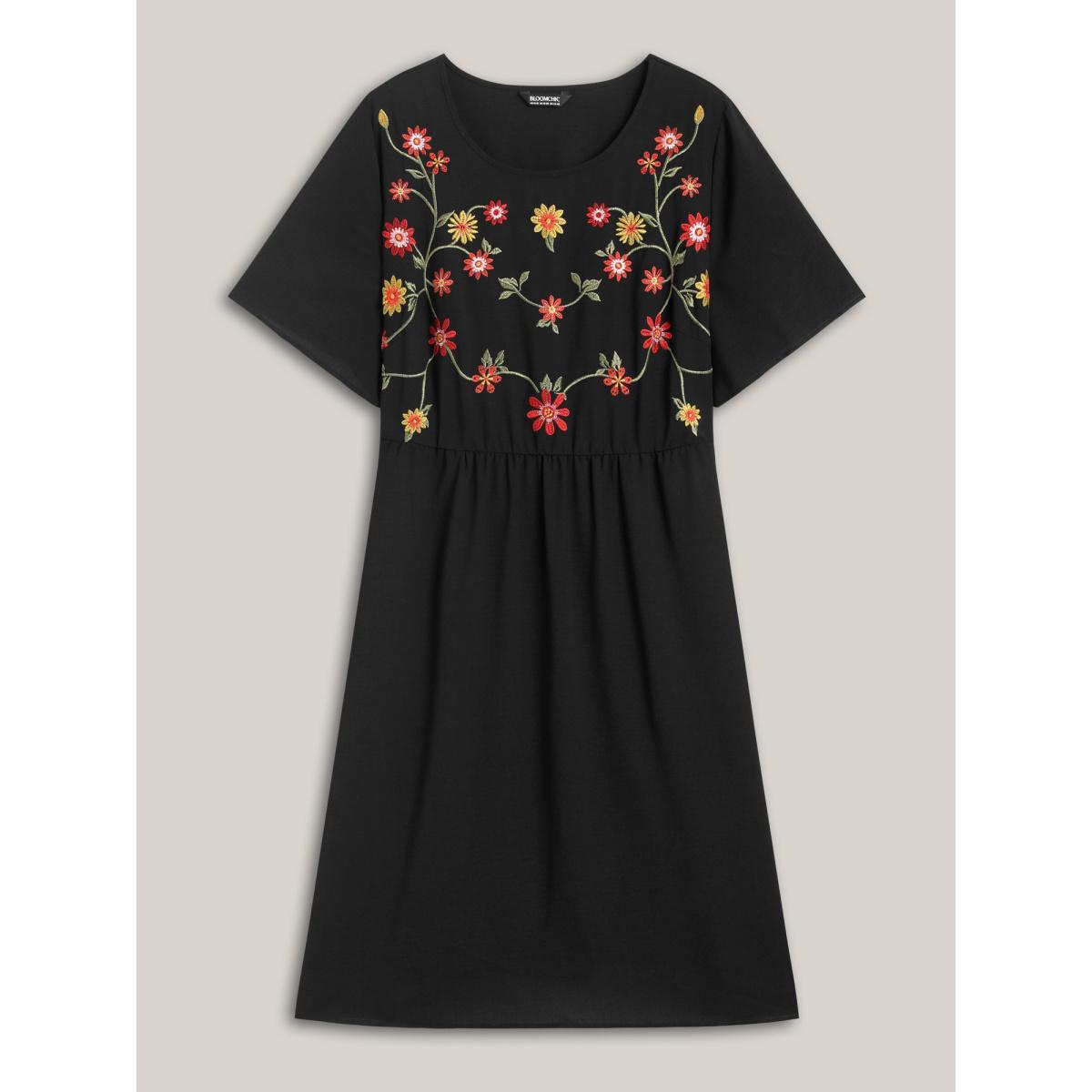 Plus Size Floral Embroidered Waist-Cinched Midi Dress Black Women Round Neck Short sleeve Curvy BloomChic 26/4X Product Image