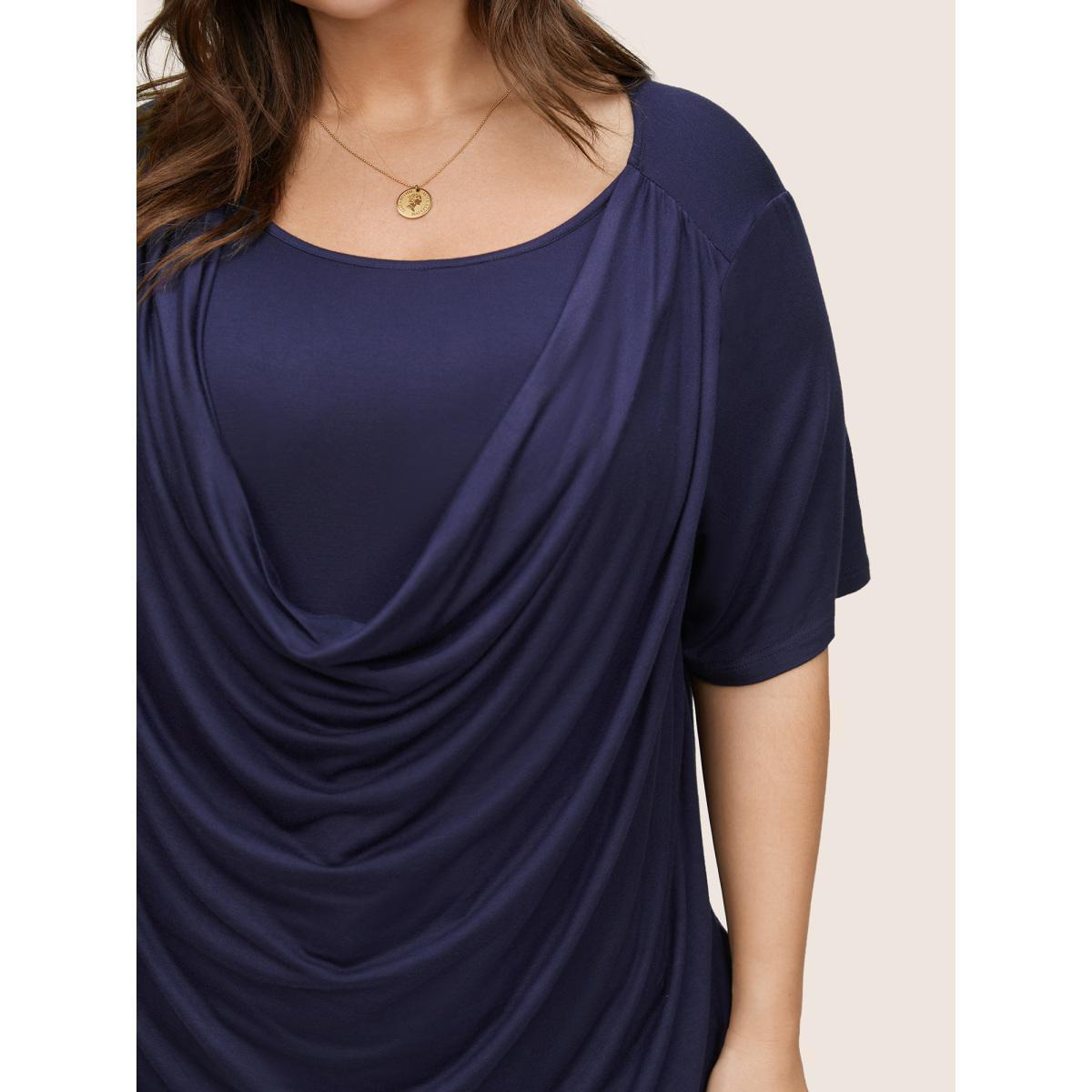 Plus Size Solid Cowl Neck Gathered T-shirt Indigo Women Elegant Non Plain Cowl Neck Everyday T-shirts BloomChic 28/5X Product Image