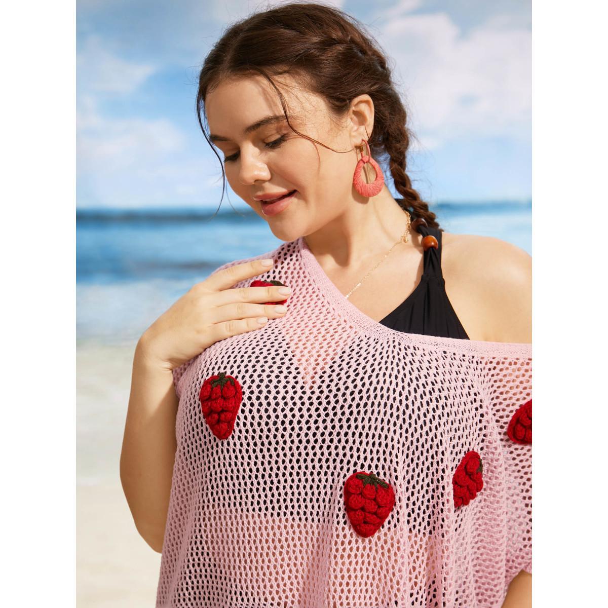 Plus Size Stereo Strawberry Design Dolman Sleeve Swim Cover Up Women's Swimwear Lightpink Beach Loose Crochet Curve Swim Cover Ups BloomChic 28/5X Product Image
