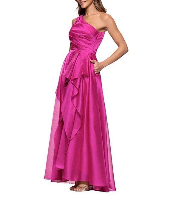 Xscape One Shoulder Cascading Side Ruffle Organza A-Line Dress Product Image