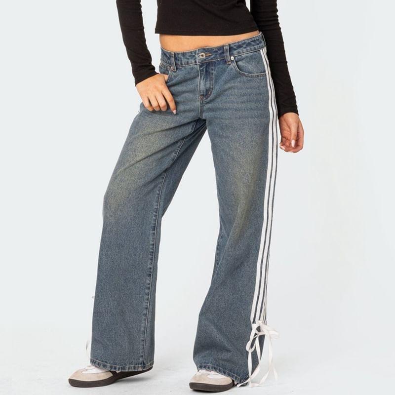 High Waist Washed Striped Bow Accent Straight-Fit Wide-Leg Jeans Product Image