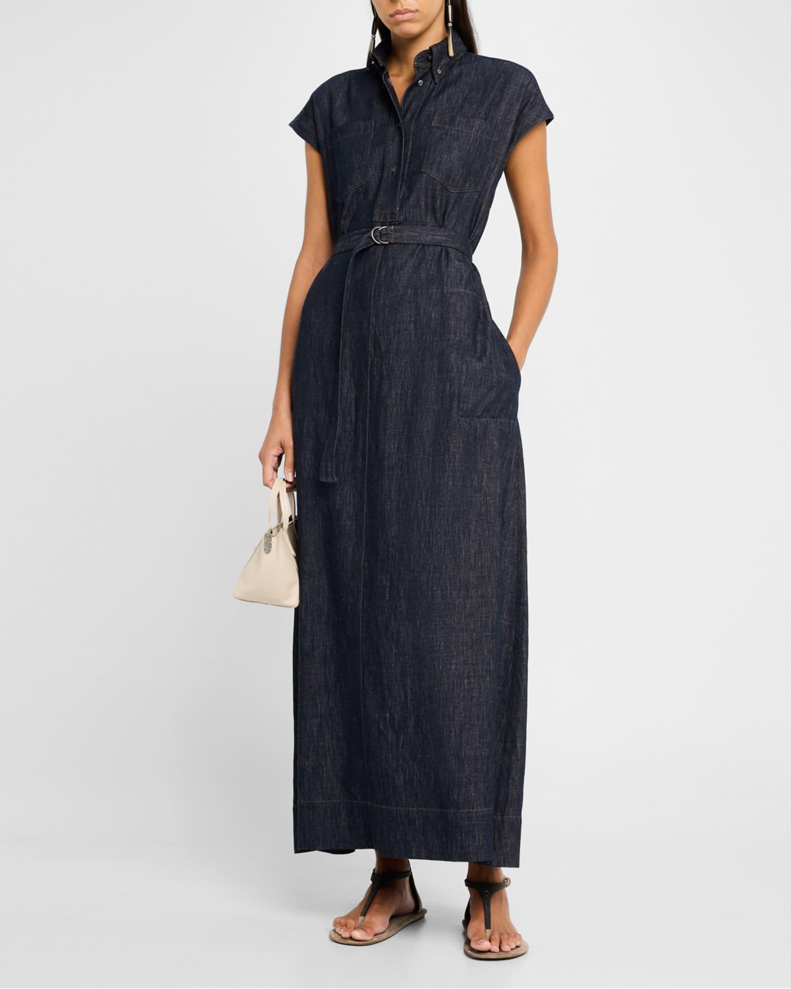Cap-Sleeve Belted Indigo Midi Shirtdress Product Image