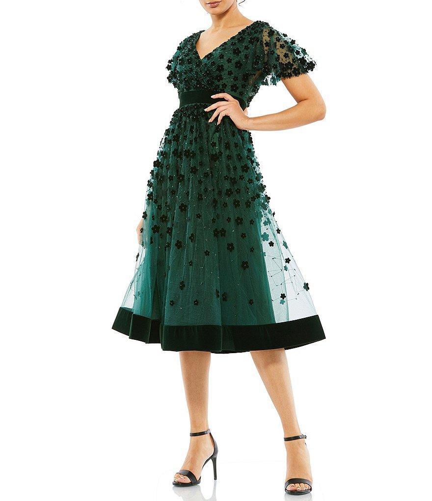 Mac Duggal Illusion V-Neck Flutter Short Sleeve Velvet Trim Butterfly Fit and Flare Midi Dress Product Image