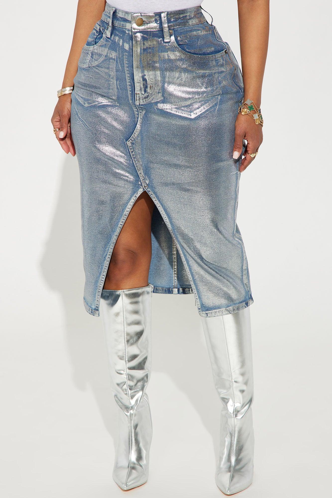 Grounded Foil Denim Midi Skirt - Medium Wash Product Image