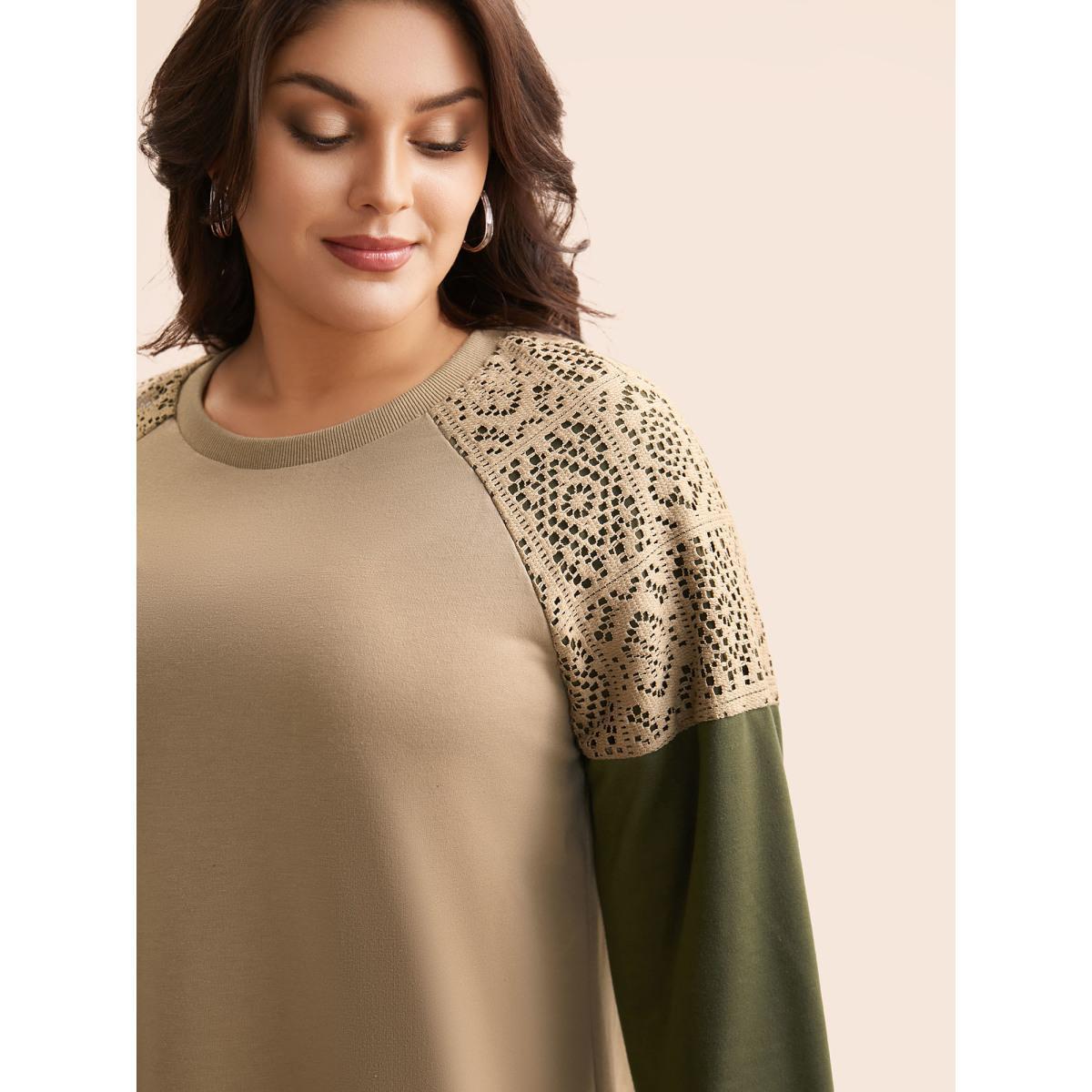 Plus Size Lace Patchwork Contrast Raglan Sleeve Sweatshirt Women Tan Casual Contrast Round Neck Everyday Sweatshirts BloomChic 18-20/2X Product Image