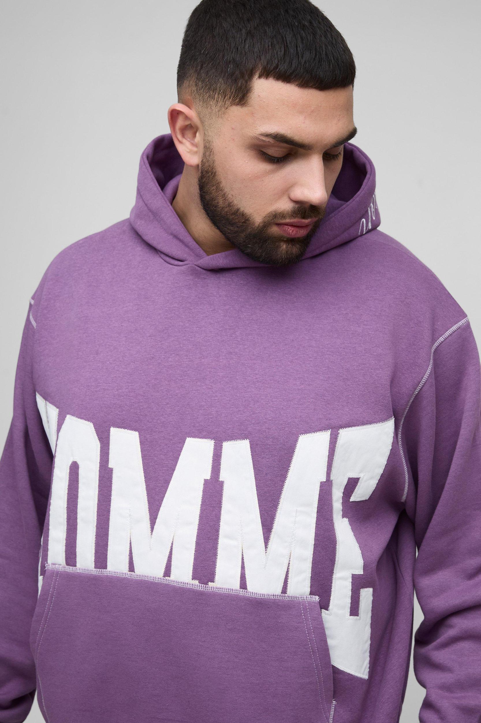 Plus Oversized Boxy Twill Applique Contrast Stitch Hoodie | boohooMAN USA Product Image