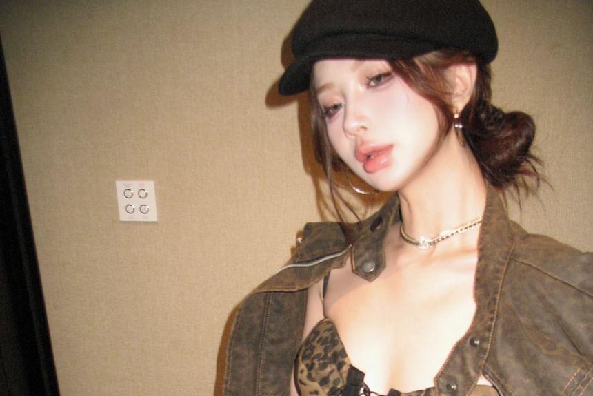 Leopard-Print Lace-Up Corset Top / Shorts Product Image