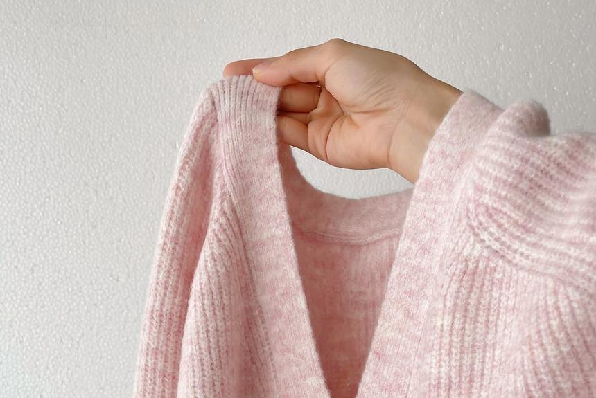 V-Neck Plain Ribbed Cardigan Product Image