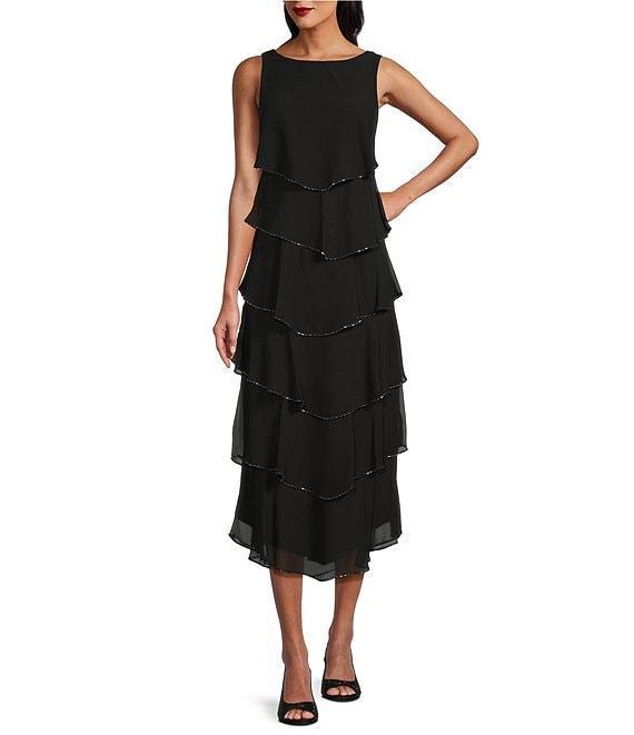 Ignite Evenings Scoop Neck Sleeveless Tiered Chiffon Midi Dress Product Image