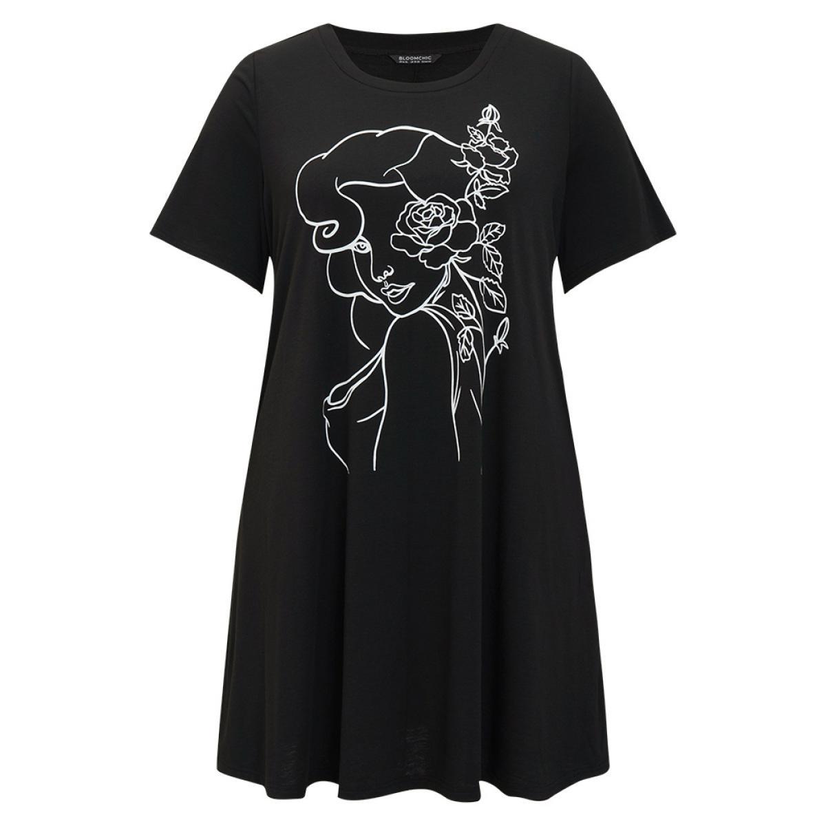 Plus Size Rose & Figure Print Pocket Flutter Graphic Dress Black Women Casual Printed Curvy Knee Dress BloomChic 22-24/3X Product Image