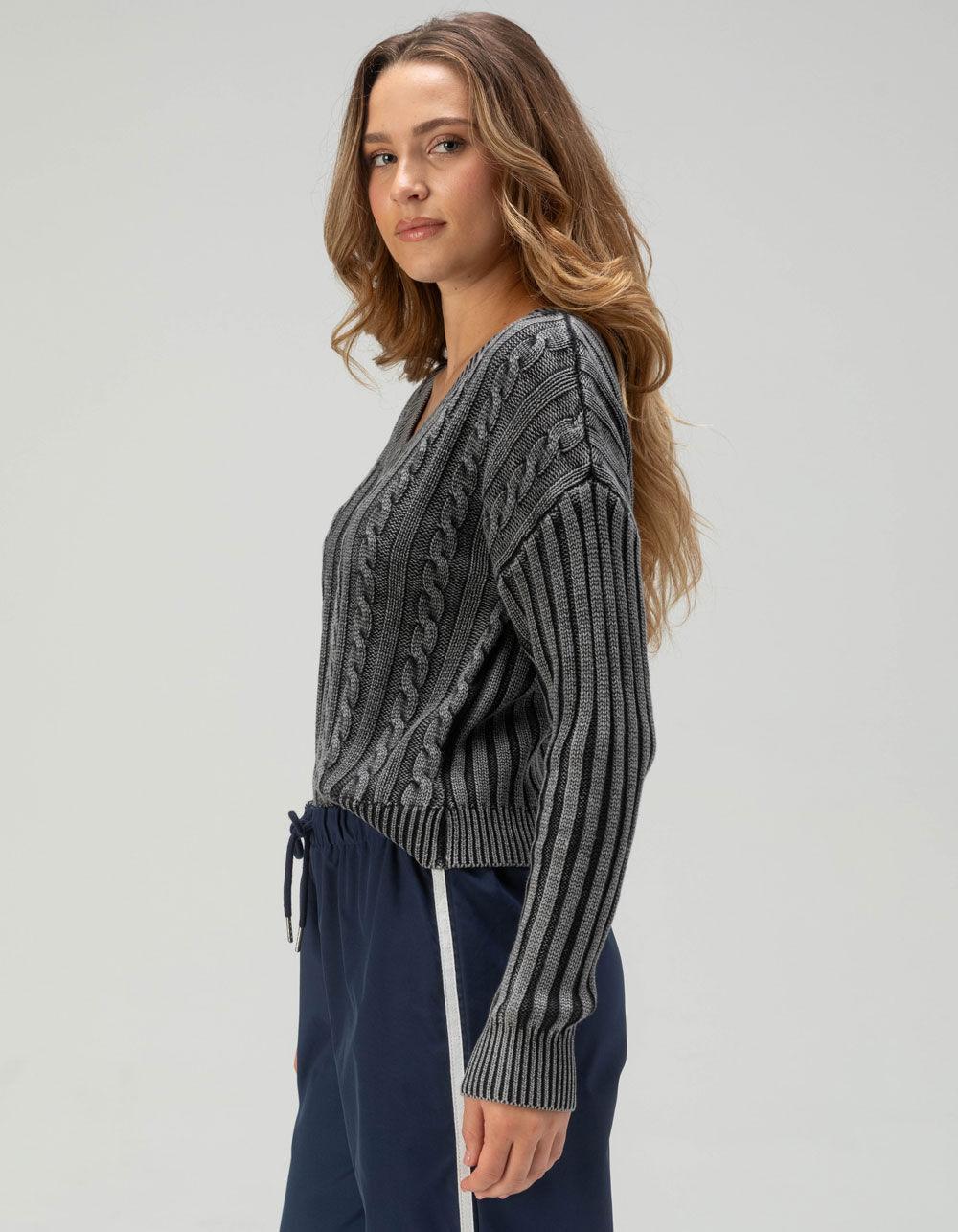 RSQ Womens Washed Cable Knit V-Neck Sweater - BLACK Product Image