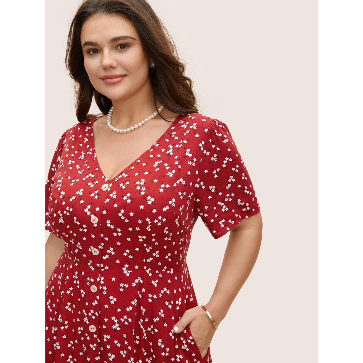 Plus Size Ditsy Floral Button Detail Elastic Waist Midi Dress Crimson Women Elegant Gathered V-neck Short sleeve Curvy BloomChic 26/4X Product Image