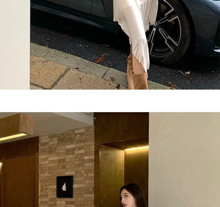 Set: Long-Sleeve Cold Shoulder Plain Ruched Midi A-Line Dress + Slipdress Product Image