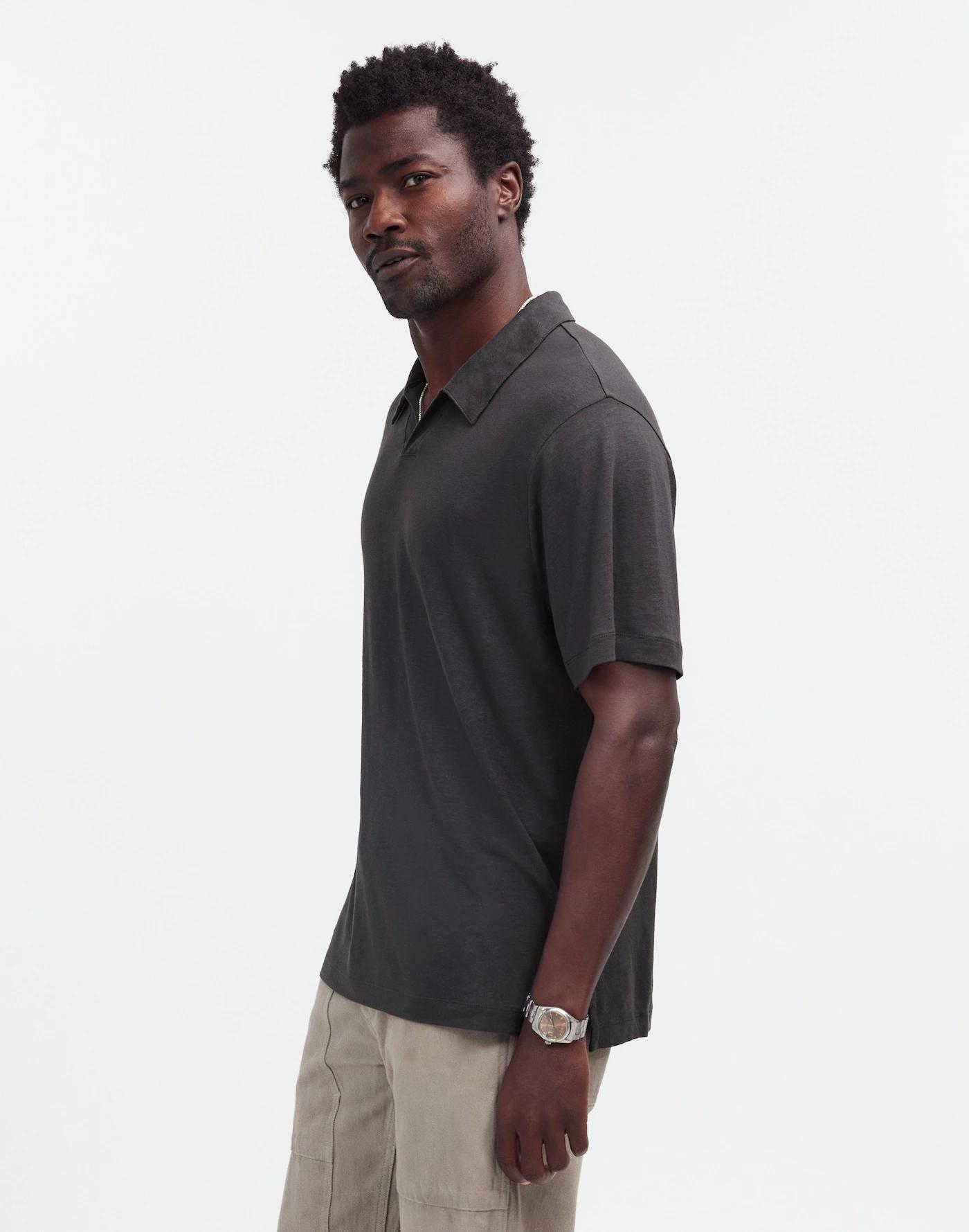 Linen-Blend Johnny-Collar Knit Polo Shirt Product Image