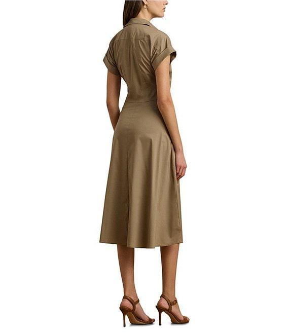 Lauren Ralph Lauren Cotton Blend Twist-Front Point Collar Neck Short Sleeve Button Front Shirt Midi Dress Product Image