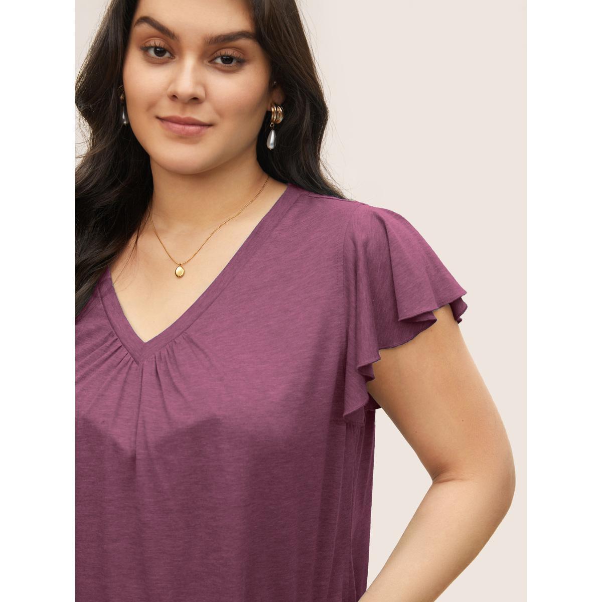 Plus Size Solid Heather Gathered Ruffle Sleeve T-shirt RedViolet Women Elegant Non V-neck Everyday T-shirts BloomChic 12/L Product Image