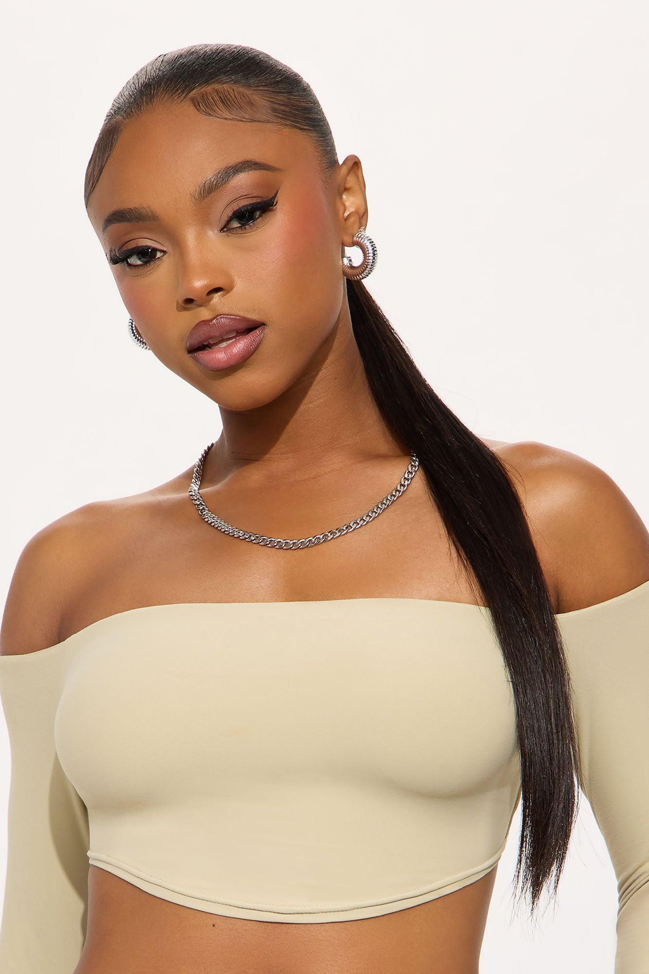 Second Skin Off Shoulder Cropped Top - Stone Product Image