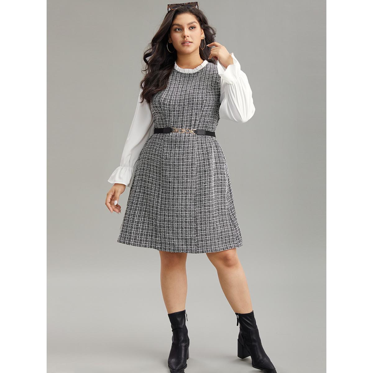 Plus Size Plaid Patchwork Ruffle Trim Knee Dress White Women Office Texture Mock Neck Long Sleeve Curvy Knee Dress BloomChic 22-24/3X Product Image