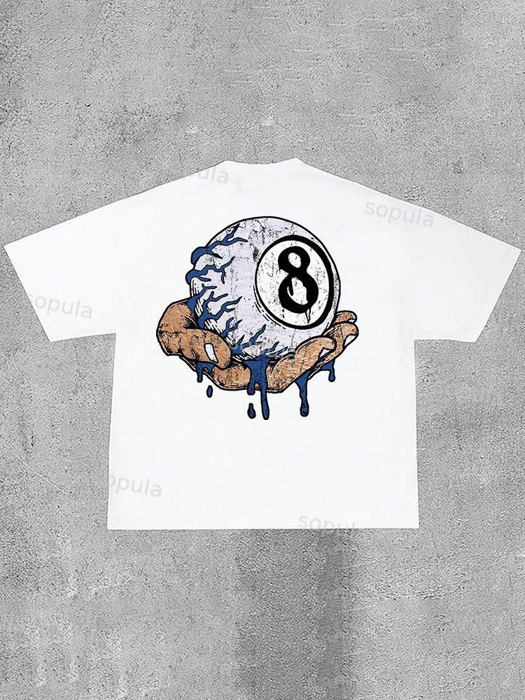 Hand Holding 8 Ball Fun Retro Print Cotton T-Shirt Product Image