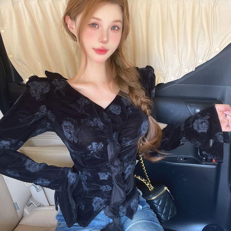 Long Sleeve V-Neck Floral Print Ruffle Top Product Image