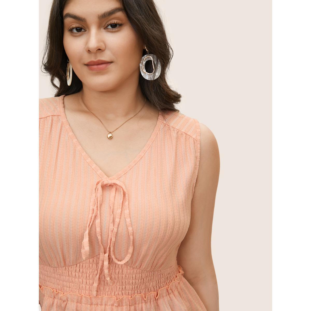 Plus Size V Neck Plain Shirred Knotted Tank Top Women Coral Elegant Texture V-neck Everyday Tank Tops Camis BloomChic 22-24/3X Product Image