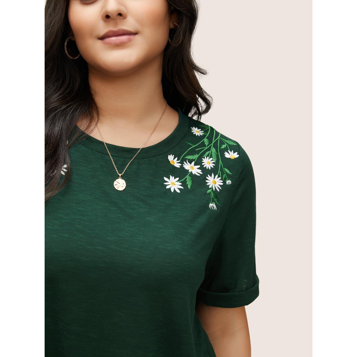 Plus Size Floral Embroidered Roll Sleeve T-shirt DarkGreen Women Elegant Roll Hem Plants Round Neck Everyday T-shirts BloomChic 28/5X Product Image