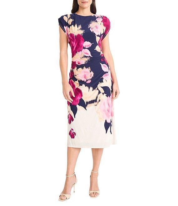 Maggy London ITY Floral Crew Neck Cap Sleeve Side Ruched Sheath Midi Dress Product Image