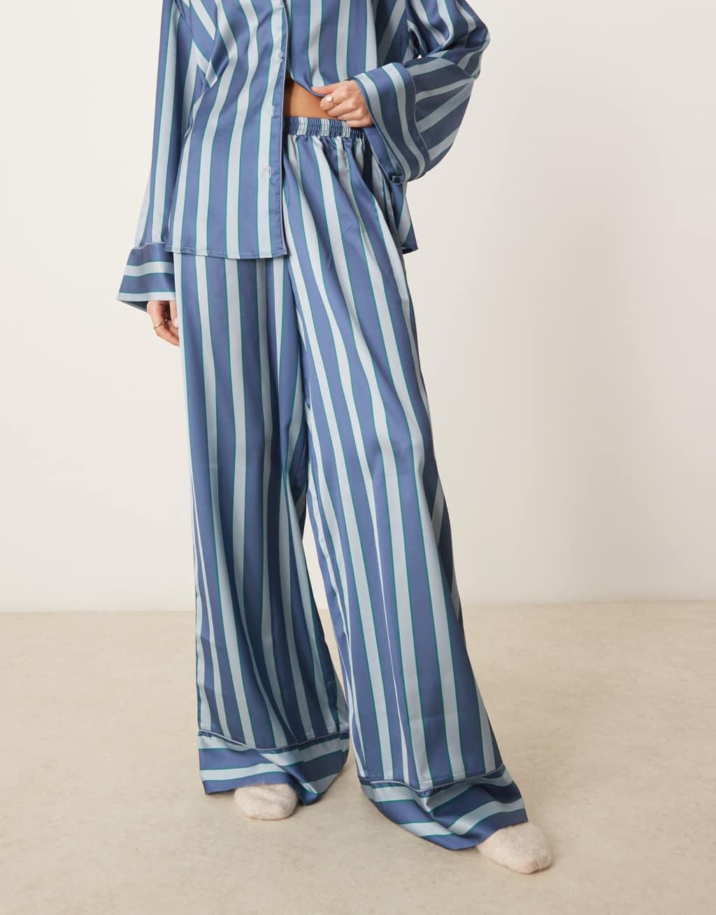 ASOS DESIGN oversized satin stripe shirt and pants pajama set in blue stripe Product Image