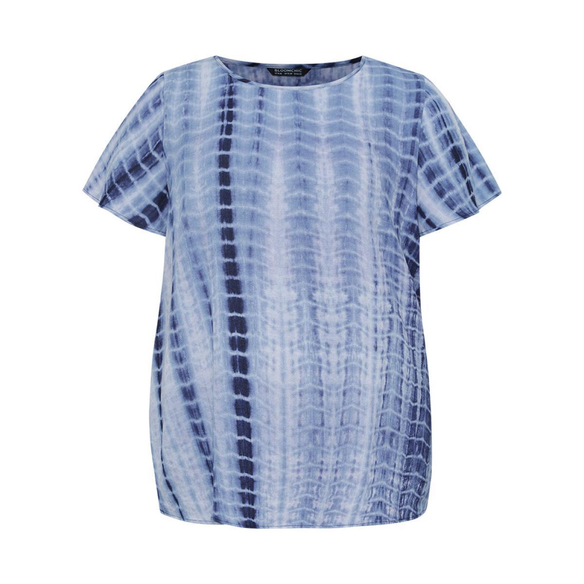 Plus Size Blue Tie Dye Ruffle Sleeve Crew Neck Blouse Women Vacation Short sleeve Round Neck Dailywear Blouses BloomChic 14-16/1X Product Image