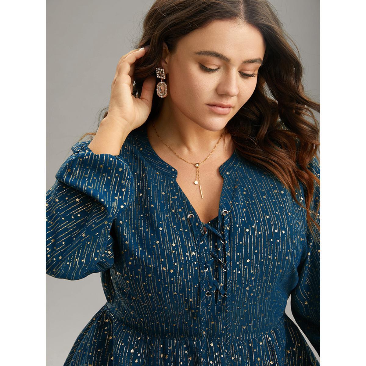 Plus Size Indigo Glitter Lantern Sleeve Elastic Waist Lace Up Blouse Women Cocktail Long Sleeve Tie Neck Party Blouses BloomChic 18-20/2X Product Image