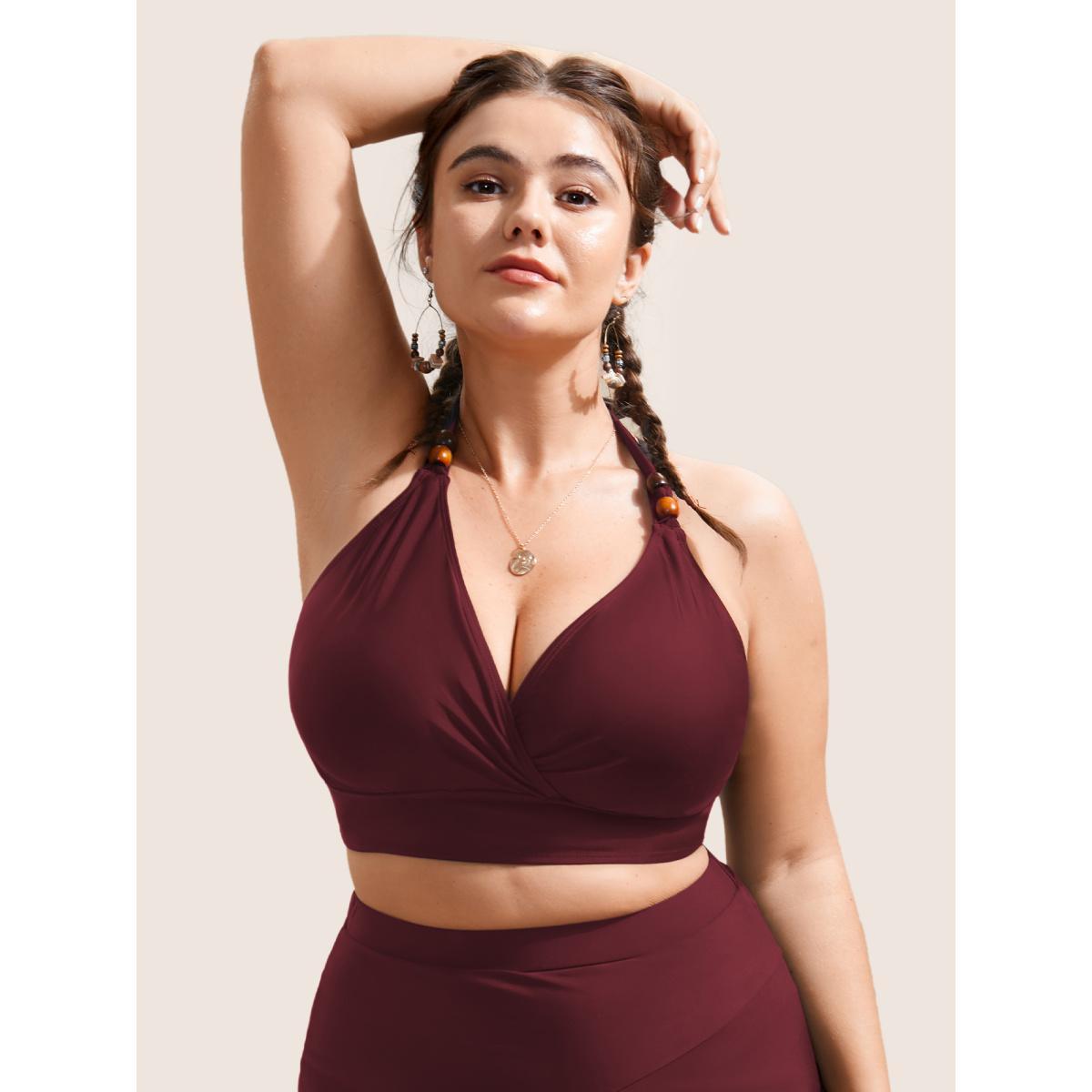 Plus Size Plain V Neck High Stretch Tie Knot Swim Top Women's Swimwear Cyan Beach Tie knot High stretch Skinny Overlap Collar Curve Swim Tops BloomChic 18-20/2X Product Image
