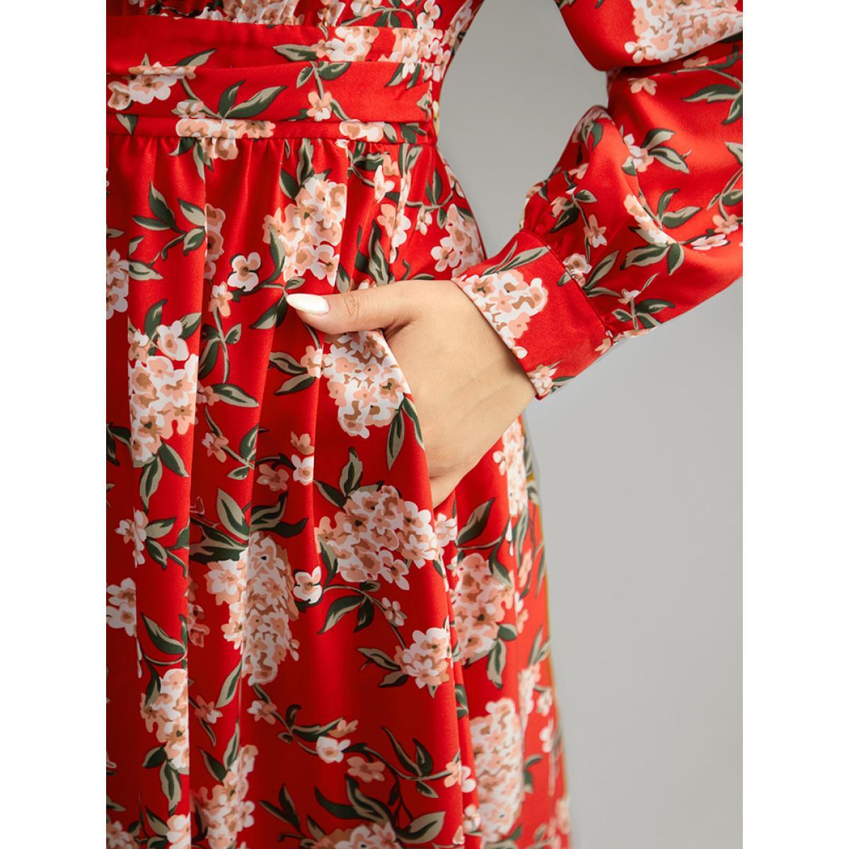 Plus Size Floral Print Ruched Pocket Pleated Dress Red Women Elegant Printed V-neck Long Sleeve Curvy Midi Dress BloomChic 18-20/2X Product Image
