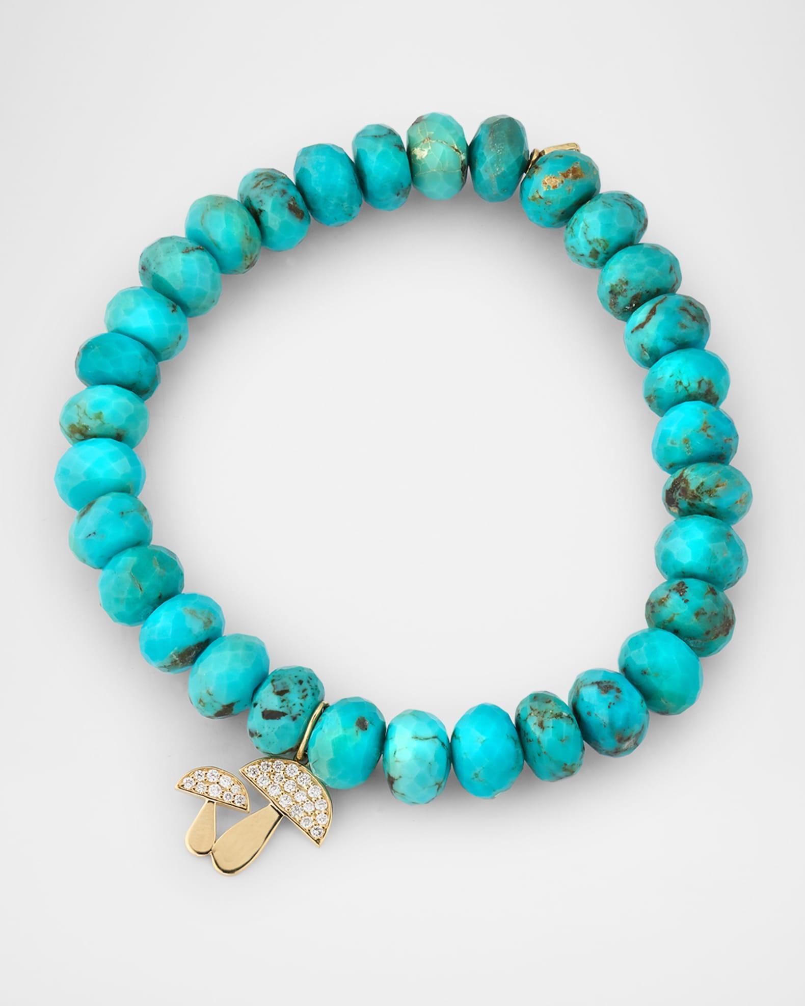 14K Gold Diamond Pave Mushroom Charm Turquoise Beaded Bracelet Product Image