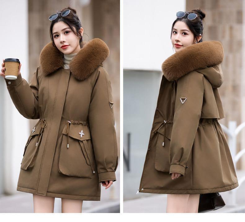 Furry Trim Hooded Zip-Up Parka Product Image