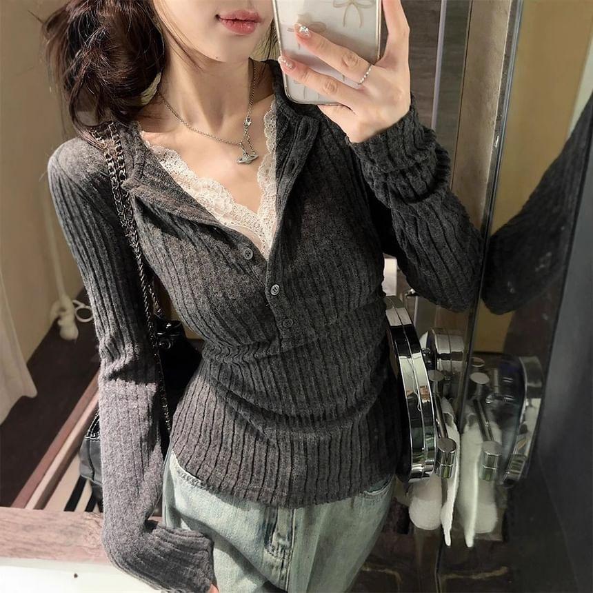 Long Sleeve V-Neck Lace-Trim Ribbed-Knit Slim-Fit Top Product Image