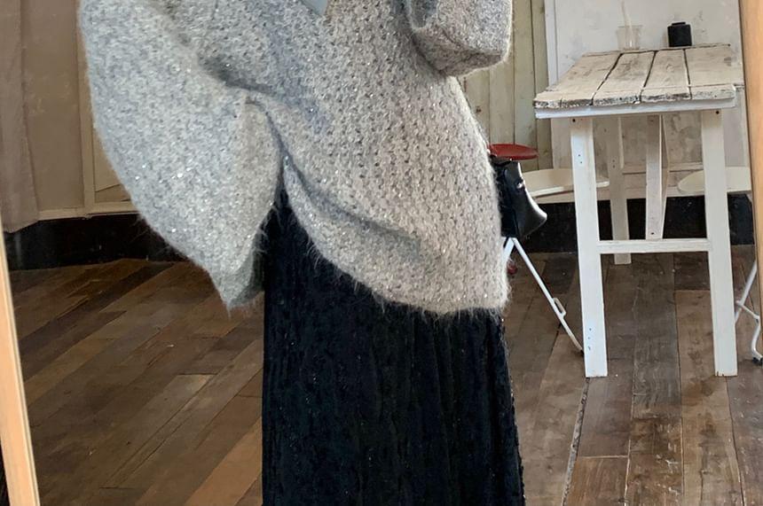 Tie-Neck Plain Glitter Sweater Product Image
