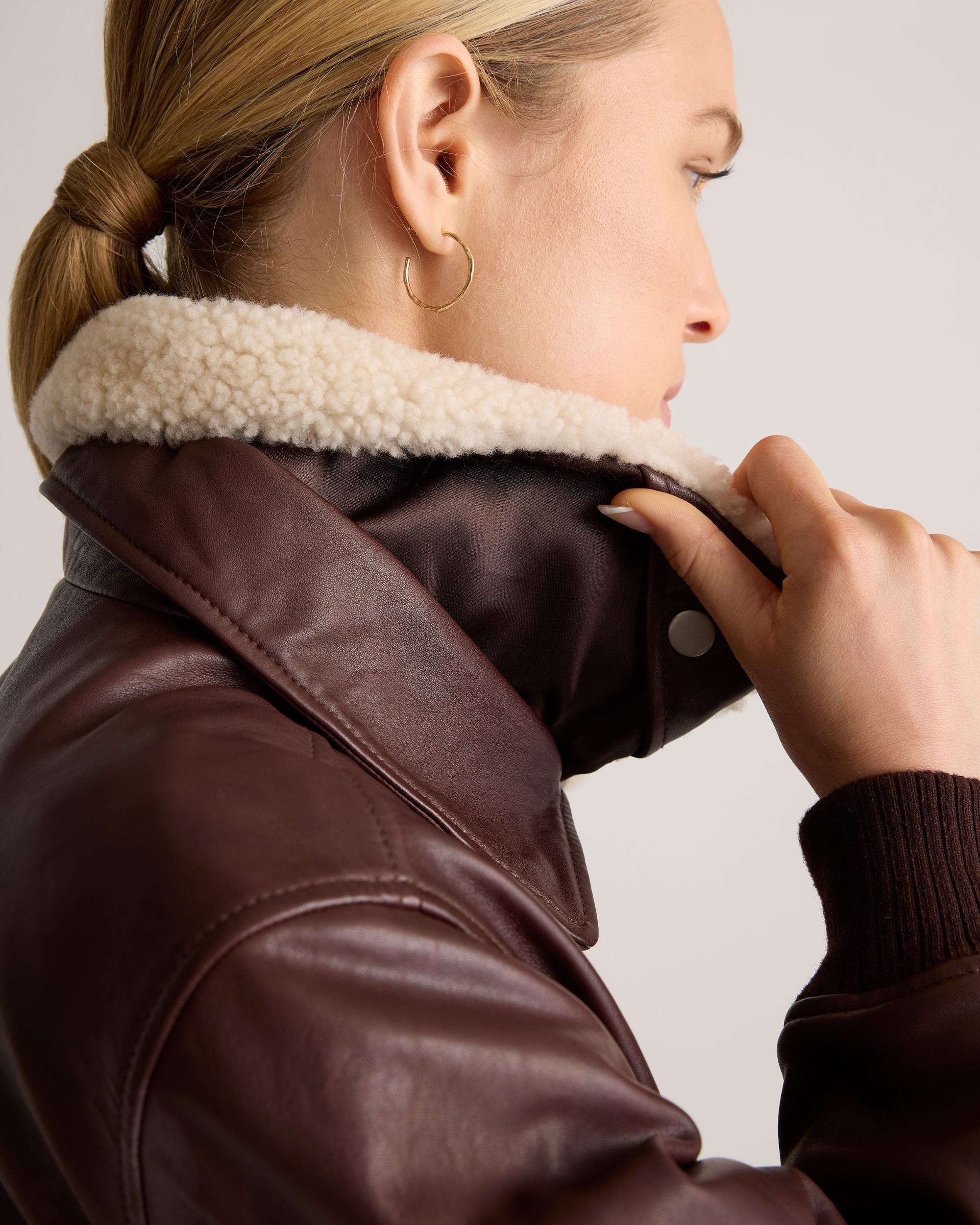 Quince | Women's Shearling Trim Aviator Jacket Size XL, Leather Product Image