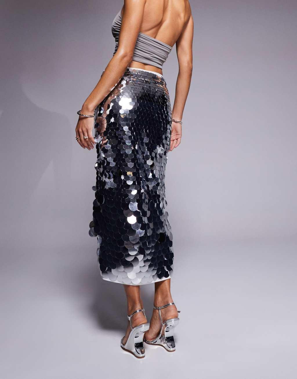 ASOS DESIGN large sequin midi skirt in silver Product Image