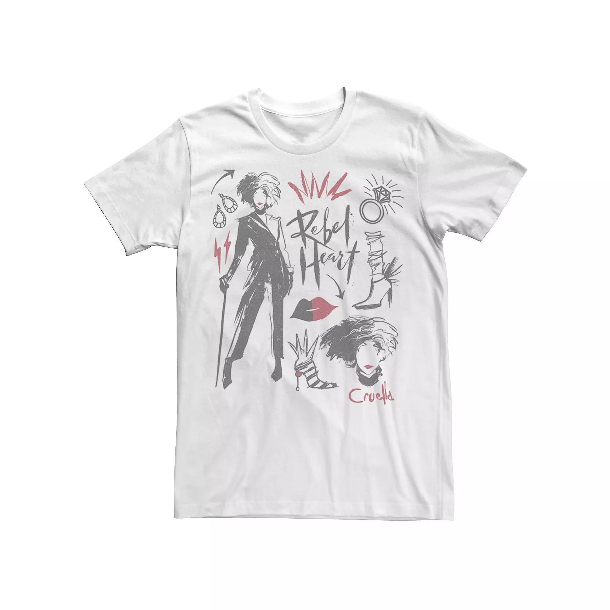 Disney's Cruella De Vil Men's Rebel Heart Collage Sketches Tee, Size: XL, White Product Image