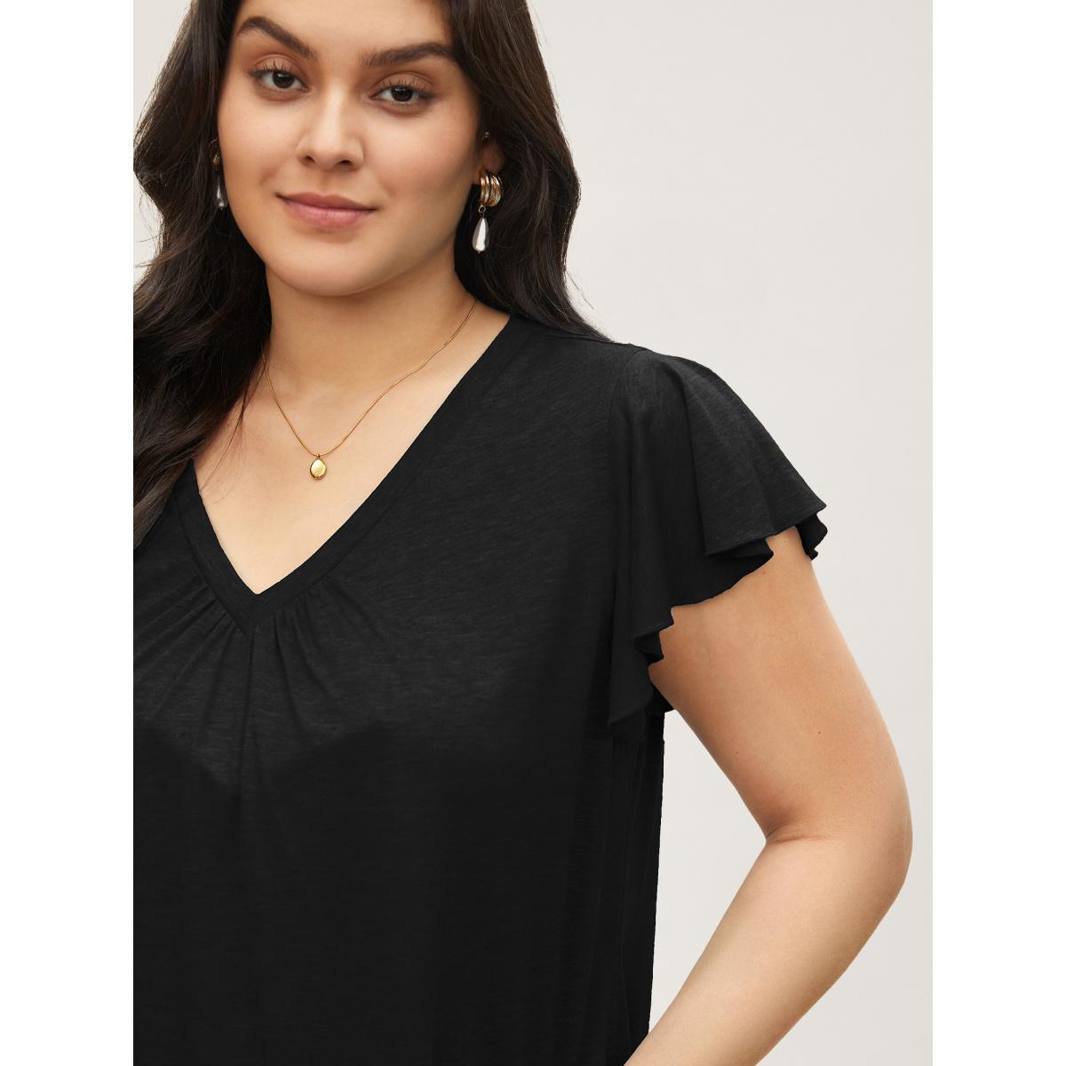 Plus Size Solid Heather Gathered Ruffle Sleeve T-shirt Black Women Elegant Non V-neck Everyday T-shirts BloomChic 18-20/2X Product Image