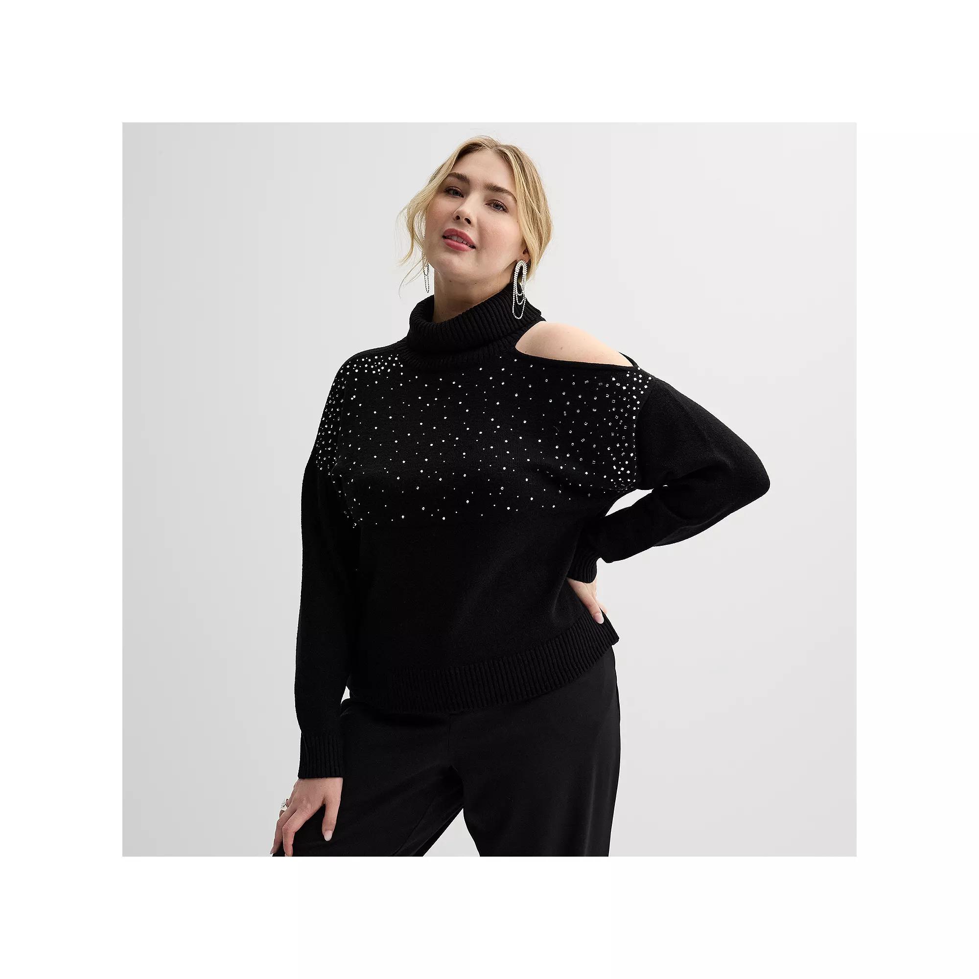 Plus Size INTEMPO™ Long Sleeve Turtleneck Cut Out Sweater, Women's, Size: 4XL, Black Product Image