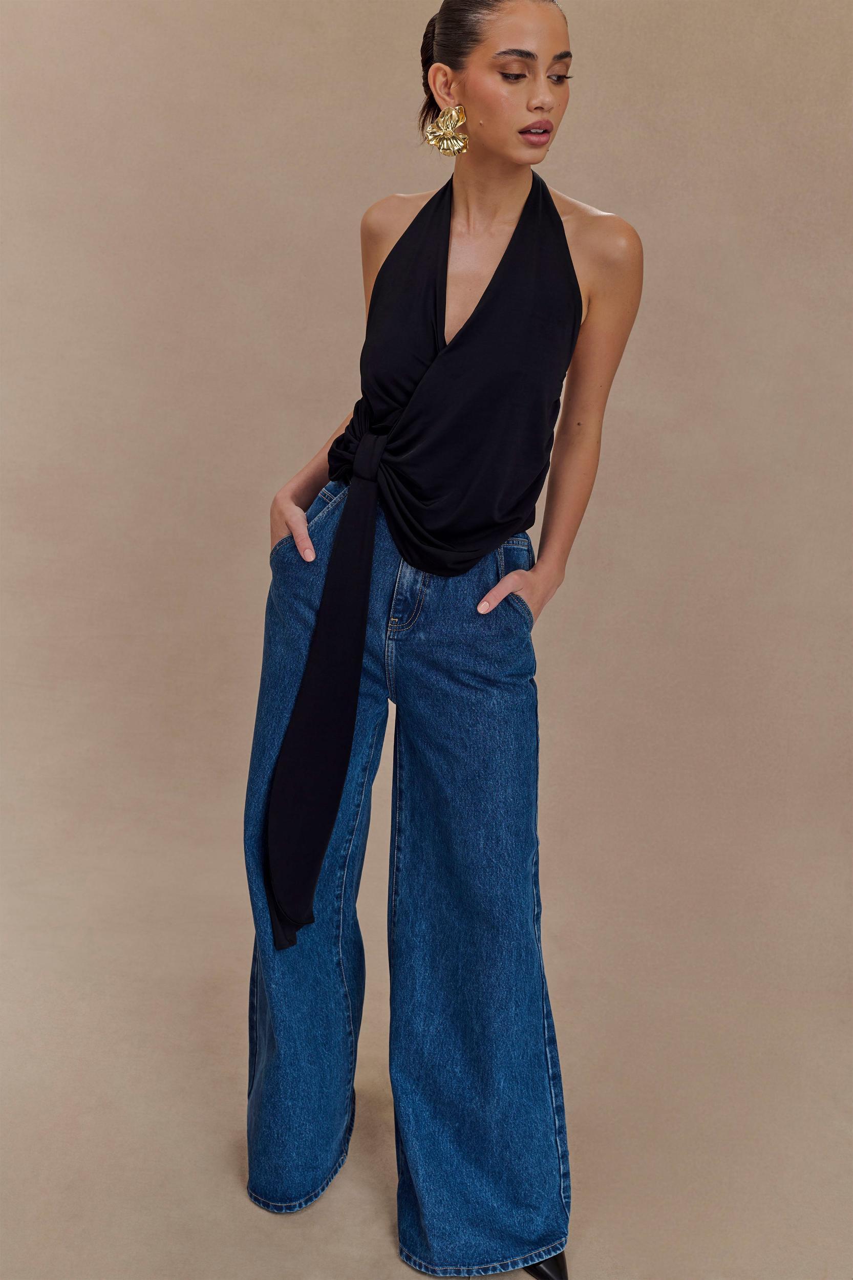 Tyla Draped Slinky Halter Top - Black Product Image
