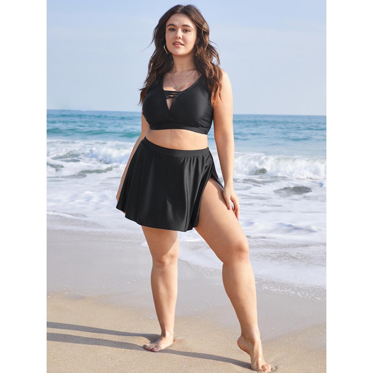 Plus Size Plain High Waist Split Hem Swim Skirt Women's Swimwear Black Beach Non High stretch Bodycon High Rise Curve Swim Bottoms BloomChic 10/M Product Image