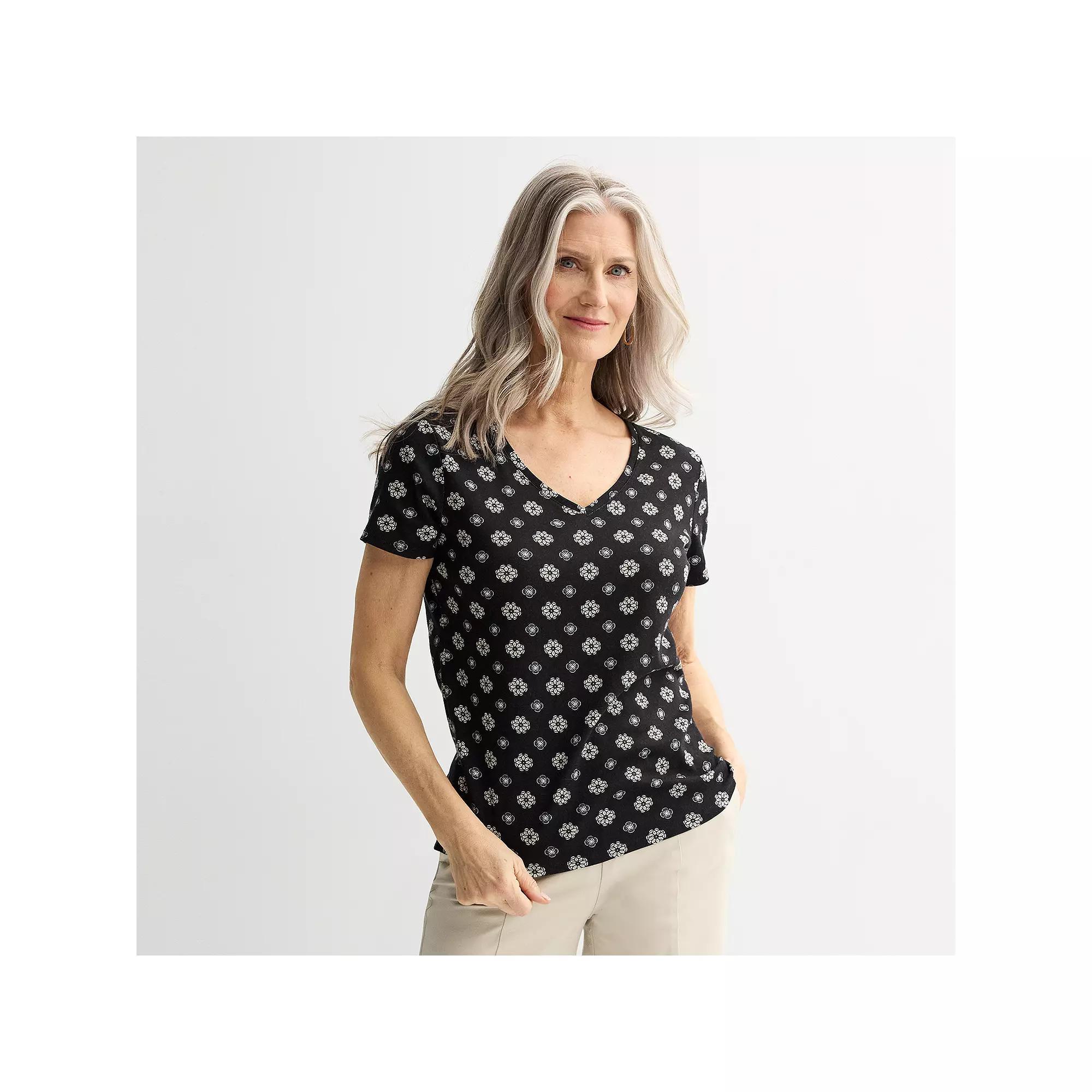 Women's Croft & Barrow® Essential V-Neck Tee, Size: XS, Black Mini Geo Product Image