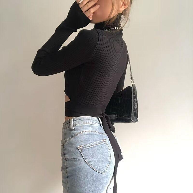 Long-Sleeve Turtleneck Plain Ribbed Crop Knit Top Product Image