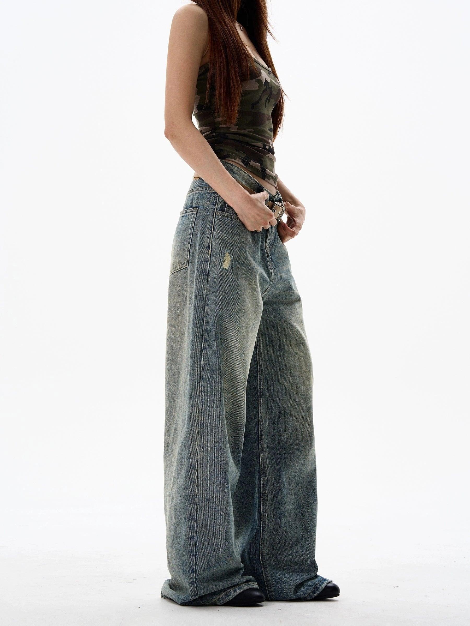 RT No. 13054 WASHED BLUE DENIM STRAIGHT JEANS Product Image