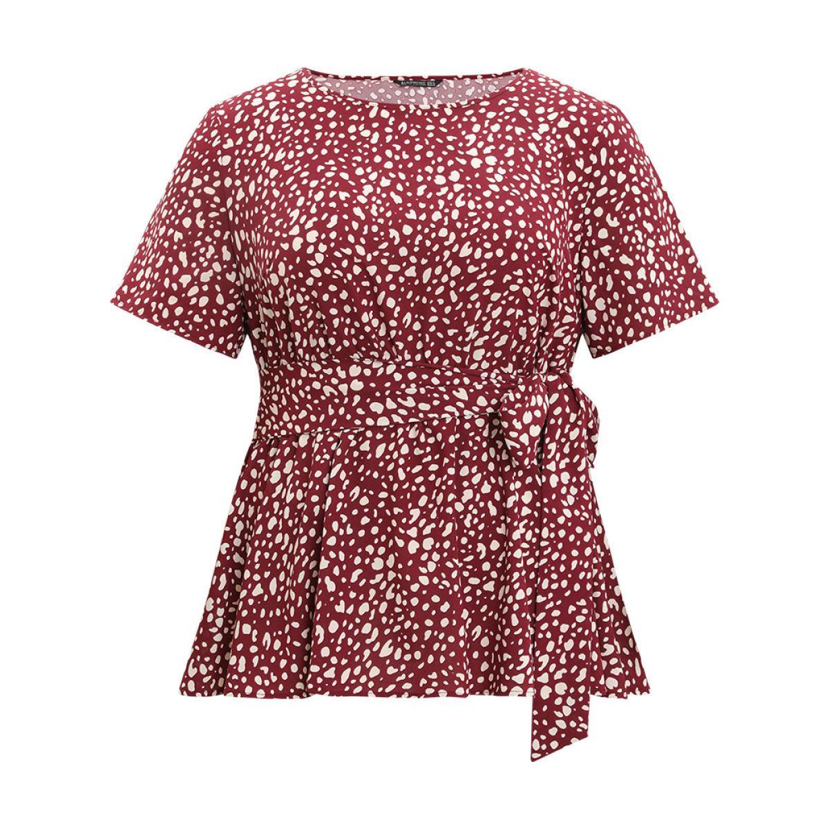 Plus Size Leopard Leopard Knotted Flutter Hem Crew Neck Blouse Women Elegant Short sleeve Round Neck Dailywear Blouses BloomChic 30/6X Product Image