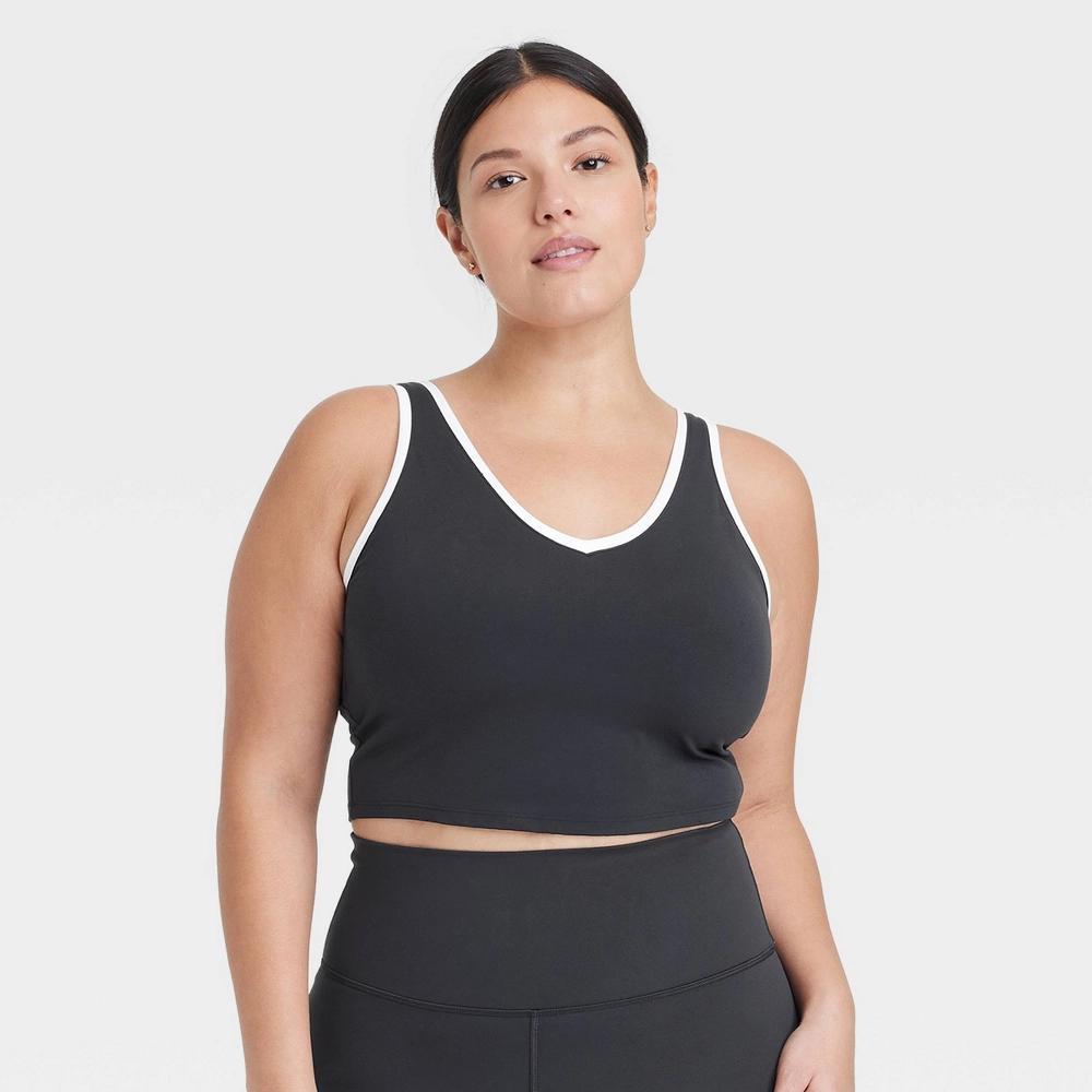 Women's Everyday Soft Light Support Contrast V Neck Cropped Sports Bra - All In Motion™ Black XXL: Moisture Wicking, Quick Drying Product Image