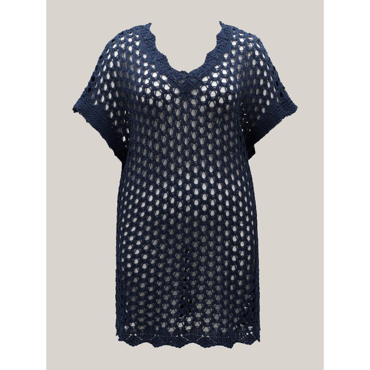 Plus Size V Neck Cut-Out Plain Textured Swim Cover Up Women's Swimwear Indigo Beach Loose Texture Curve Swim Cover Ups BloomChic 12/L Product Image